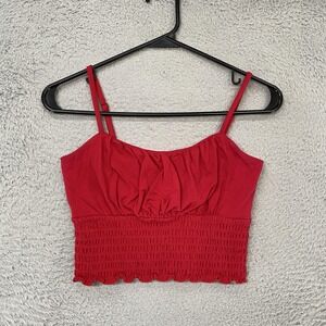 Hollister Crop Tank Size Small Red Smocked‎ Lettuce Hem Crop Ruffle Valentines